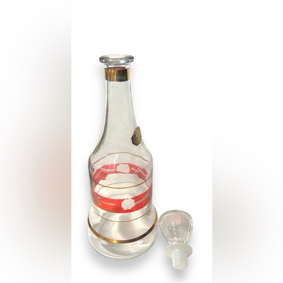 Hand Cut Cranberry Stripe Italian Glass Decanter Vintage Barware - Picture 4 of 6